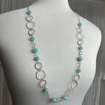 Long Silver Tone Aqua Blue Bead & Open Circle Link Chain Necklace Photo 0