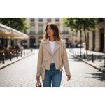 POL Womens Cream Corduroy Moto Jacket Belted Zip Front Size S Photo 1