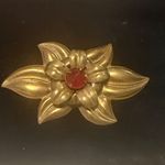 Vintage America Gold and Red Rhinestone Floral Brooch Large Statement Brooch Photo 0