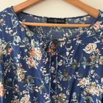 Fred David  Blue Floral Tie Neck Blouse with Bell Flutter Sleeves Size Large‎ Photo 4