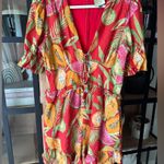 FARM RIO linen romper papaya fruits watermelon colorful beaded ruffle playsuit Red Size L Photo 7