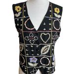 Vintage Vest Womens Medium Black Floral Embroidered V Neck Boho Photo 0