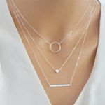 3 Piece Silver Layered Medallion, Long Bar, Hoop Choker Necklace - Geometric Photo 0