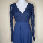 Lulus  Navy Blue Lace Long Sleeve Scallop Maxi Dress Open Back Formal Gown XS Photo 2
