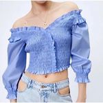 ZARA Smocked Off The Shoulder V Neck Crop Top Ruffle Puff Long Sleeves L Blue Photo 0