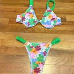 Women’s Medium Green Pink Flower Cheeky Bikini Swimsuit Set Beach Vacation Retro Photo 0