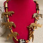 Vintage Hand Carved African Safari Animal Wood Necklace Statement Brown Photo 0