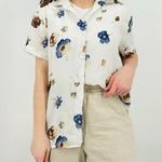 vtg dreamy watercolor ivory slate blue delicate button down top feminine floral White Size L Photo 0