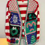 Festive Ugly Christmas Sweater Red Green Holiday Cardigan Candy Canes Size S Photo 0