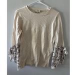 Loft  Womens Crewneck Pullover Sweater Size XS Cream Floral Sleeve Office Neutral Photo 0