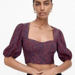 ZARA Red Floral Cropped Peasant Top Puff Sleeve Sweetheart Neck Blouse Large Photo 0