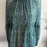 Free People  Floral Sheer Mock Neck Peplum Blouse Green Blue Size Medium Photo 0