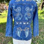 Cherokee Women’s Embroidered Denim Blazer Jacket Paisley Life is Good Size 8 Photo 0