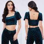 Cider Puff Sleeve Smocked Crop Top Womens L Green Rhinestone Velvet Coquette Y2K Photo 1