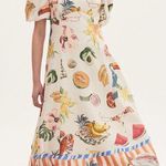 Alemais Theo Midi Dress Tropical Print Linen Cotton Puff Sleeve Size 0 NWT White Photo 0