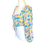 Fiestar Smocked Crop Top Front Lace Up Puff Sleeves Floral Womens Size Large NWT Blue Photo 8