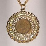 1893 Indian Head Penny CZ Rhinestone Pendant Vintage Gold Tone Boho Necklace Photo 0