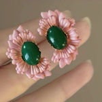 Pink Enamel Floral Earrings with Green Jade Photo 0