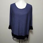 Krazy Kat Blue Textured Tunic Top Beaded Fringe Velvet Trim L Photo 1