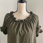 Como vintage Olive Green Ruffle Trim Top Bow Tie Neck Blouse Medium Photo 7