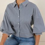 English Factory Avara  Molly Top Black White Striped Collared Balloon Sleeve New Photo 0