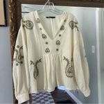 ZARA  Cream and Green Embroidered  Paisley Floral Peplum Top Photo 5