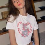 NWOT Bunny Rabbit Flowers Retro Style Kitsch White Crop Top Shirt Size Large Photo 1