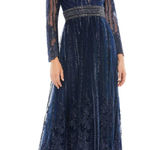 Mac Duggal Long Sleeve Floral Illusion Midnight Navy A Line Gown Size 8 NWT Photo 0
