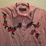 Karen Scott  Womens XL‎ Poinsettia Blouse Christmas  Red Stripe Button Collar Photo 1