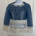 Denim Jacket with Lace and Pearl Details Blue Photo 0