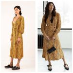 Ganni  Leopard Print Plunge Midi Dress Crepe Yellow Animal Print Long Sleeve Photo 2