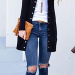 Women's Long Sleeve Ribbed Open Front Snap Button Down Knit Cardigans Black Size L Photo 1