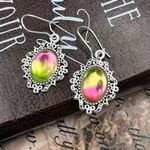 Vintage Neon Rainbow Glass Cabochon Reflective Stainless Steel Dangle Earrings Photo 0