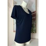 Carmen Marc Valvo  Navy Blue Zip Shoulder Short Sleeve Stretch Top Size Large Photo 5