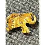 Vintage Elephant Brooch Pin Black Enamel Rhinestones Gold Tone Trunk Up 2" Photo 3