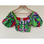 Farm Rio  Tropical Bunch Puff Sleeve Crop Top Women’s Size XS Button Up Vacay Photo 4