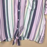 BeachLunchLounge  Women’s Colorful Stripes Knot Hem Wide Sleeve Button-Up Shirt Photo 2