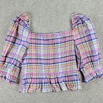 Tommy Hilfiger Smocked Plaid Top Womens XL Pink Puff Sleeve Cropped Peplum New Photo 5