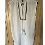 J Crew White Cotton Swim Cover Up Sz XXS V Neck Gauzy Navy Blue Trim Tie Tassels Photo 7