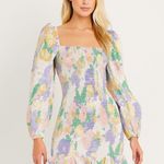 70/21  saks fifth floral nwt dress classic mini long sleeve $220 formal ruched S Photo 0