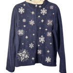 Croft & Barrow Womens M 23x26 Navy Fleece Snowflake Zip-Up Jacket Sherpa Holiday Photo 0