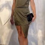 Elliatt  Camo Asymmetric Satin Cocktail Dress in Khaki Size X-Small Photo 0