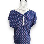 Lucky Brand New Ikat Blue Short Sleeve Twist Knot Back Keyhole Shirt Small Photo 2