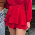 Relipop  Womens Red Print Romper V Neck Long Sleeve Double Layer Ruffle Hem Shorts Jumpsuit Photo 0