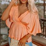 Mustard Seed  Deep V Neck Bat Wing Peplum Blouse Peach Small Photo 0
