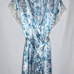 Morgan Taylor  Blue Floral Satin Robe Lace Trim Kimono Wrap Womens S/M Loungewear Photo 0
