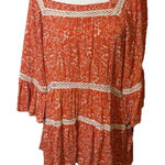 Free People XS Orange Boho Print Tunic Top Blouse W Ivory Crochet Trim Tiered Photo 0
