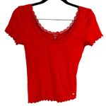 Guess  Red Lace Trim Ribbed Lettuce Hem Short Sleeve Cropped Top Women's M Photo 1