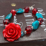 Red Rose Statement Beaded Bracelet – Boho Indie Cottagecore Blue Glass Beads Photo 0