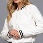 Halara Brand New  Women's Size Medium White Black Trim Varsity Jacket Button Up Photo 0